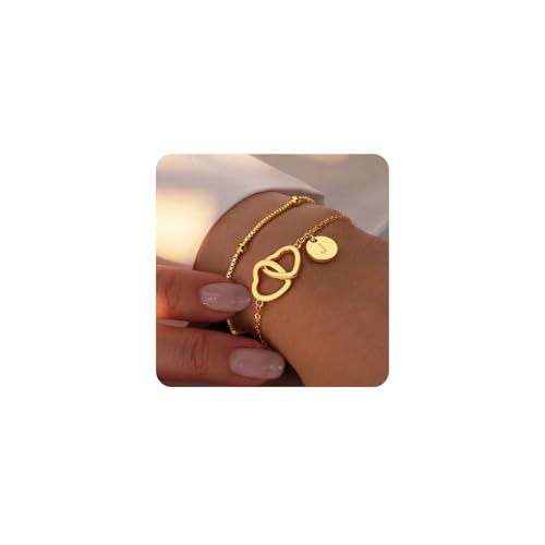 TINGN Herz Armband Damen - 14K Gold Vergoldete Layered Gold Armband mit Buchstaben J Armbänder Damen Frauen Schmuck Teenager Mädchen Goldenes Armbänder Mädchen Trauzeugin Geschenk Hochzeit Freundin von TINGN