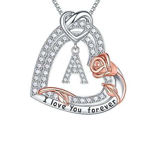 TINGN Muttertagsgeschenke für Mama - Halskette Damen Silber 925 Rose Liebe Halskette mit Herz Anhänger Kette mit Buchstaben A Schmuck Damen Muttertagsgeschenk für Mutter Frauen Oma Großmutter von TINGN