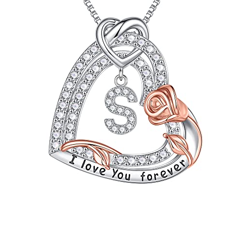 TINGN Muttertag Geschenk für Frauen, Halskette Damen Sterling Silber Rose Liebe Anhänger Herz Intialen S Halskette mit Buchstaben Muttertagsgeschenke Weihnachtsgeschenke Ostergeschenk Mutter Geschenk von TINGN