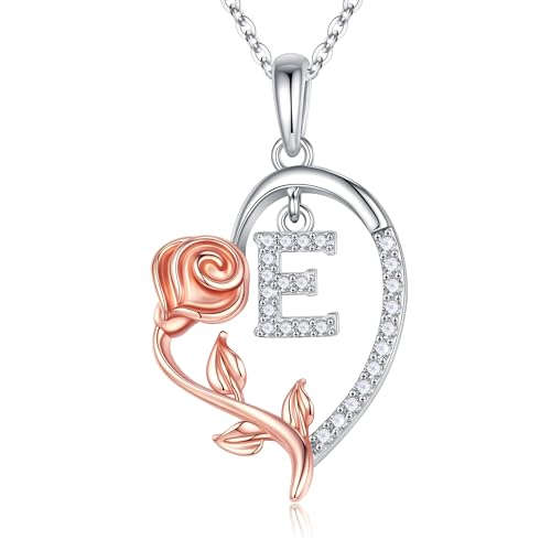 TINGN Geschenk für Sie Valentinstag - Rose Kette Damen Halskette mit Buchstaben Silber Herzkette Silber Intiale E Kette mit Buchstaben Halskette Schmuck Damen Geschenke für Mutter Frauen Freundin von TINGN