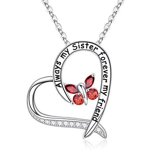 TINGN Kette Damen Herz Anhänger Geburtsstein Geschenke für Schwester, 925 Sterling Silber Januar Geburtsstein Granat Halskette Schwester Halsketten Valentinstag Geburtstags Geschenke für Schwester von TINGN