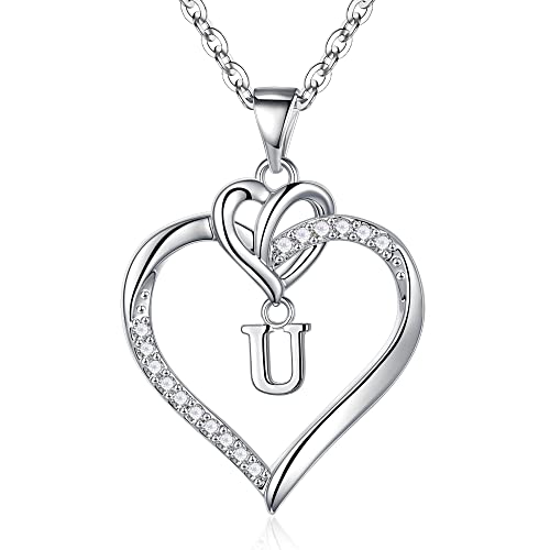 TINGN Kette Damen Silber Kette mit Buchstaben, Vergoldet Buchstaben Kette mit CZ Herz Anhänger für Frauen Intiale U Halskette Damen Herzkette für Frauen Teen Mädchen Schmuck Geschenke für Freundin von TINGN