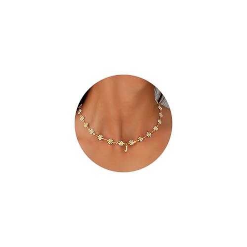 TINGN Buchstaben Kette für Frauen Mädchen - Gänseblümchen Kette Damen Ketten mit Buchstaben J Gold Halskette Damen Sommer Boho Schmuck Personalisierte Halskette für Frauen Teenager Mädchen Geschenke von TINGN