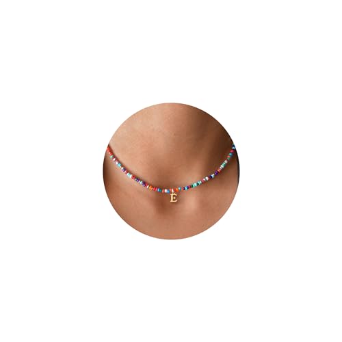 TINGN Kette mit Buchstaben Damen Mädchen - Bunte Perlen Kette mit Buchstaben E Initiale Halskette Choker Kette Personalisierte Geschenke Modeschmuck für Frauen Freundin Perlenkette Damen Mädchen von TINGN