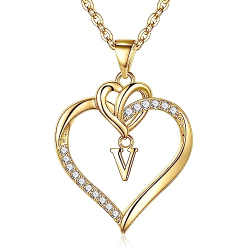 TINGN Kette mit Buchstaben Halskette Damen, Initiale CZ Herz Anhänger Kette Gold Damen Intiale V Halskette Schmuck Damen Personalisierte Geschenke für Frauen Freundin Mädchen Buchstaben Kette Damen von TINGN