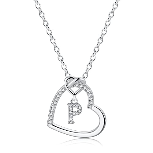 TINGN Kette mit Buchstaben Kette Silber - Personalisierte Kette Silber Kette mit Buchstaben Kette Damen Herz Silber Kette Mädchen Geschenke Kette mit Buchstaben P Halskette Damen Silber Schmuck von TINGN