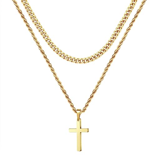 TINGN Kreuz Kette Herren, Halskette Herren Kette mit Kreuz Goldkette Herren Edelstahl Silber Seilkette Doppelkette mit Anhänger 40/45cm Kreuzkette für Männer Freund Jungen Schmuck Geschenk von TINGN