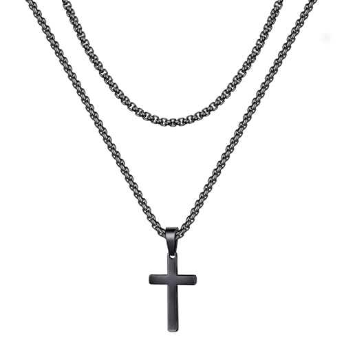 TINGN Kreuz Kette Herren, Halskette Herren Kette mit Kreuz Schwarze Kette Herren Edelstahl Silber Seilkette Doppelkette mit Anhänger 40/45cm Kreuzkette für Männer Freund Jungen Schmuck Geschenk von TINGN