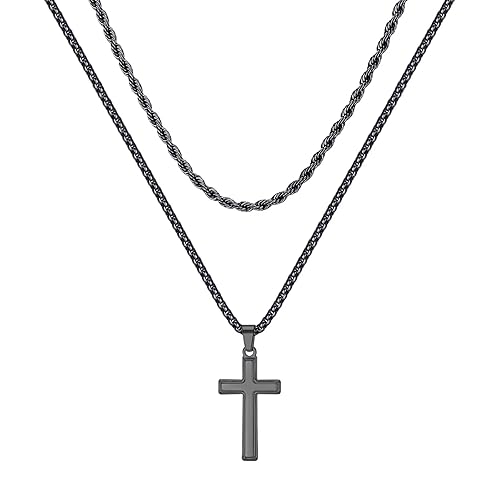 TINGN Kreuz Kette Herren, Halskette Herren Kette mit Kreuz Schwarze Kette Herren Edelstahl Schwarze Seilkette Doppelkette mit Anhänger 46/51cm Kreuzkette für Männer Freund Jungen Schmuck Geschenk von TINGN