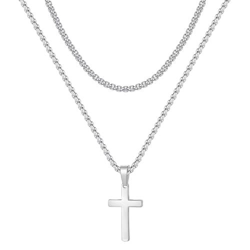 TINGN Kreuz Kette Herren, Halskette Herren Kette mit Kreuz Silberkette Herren Edelstahl Silber Seilkette Doppelkette mit Anhänger 40/45cm Kreuzkette für Männer Tochter Freund Jungen Schmuck Geschenk von TINGN