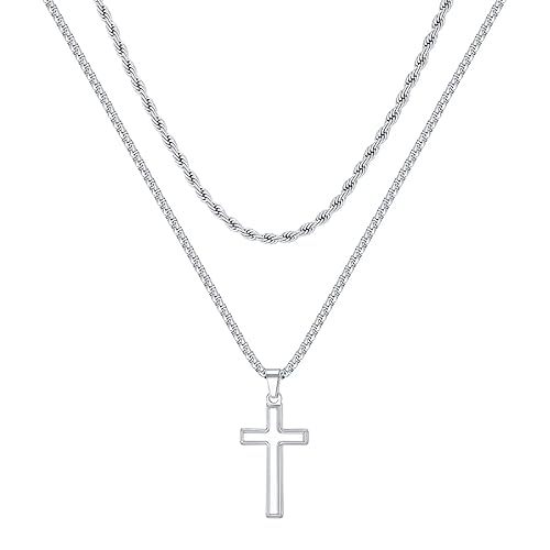 TINGN Kreuz Kette Herren, Halskette Herren Kette mit Kreuz Silberkette Herren Edelstahl Silber Seilkette Doppelkette mit Anhänger 46/51cm Kreuzkette für Männer Freund Jungen Schmuck Geschenk von TINGN