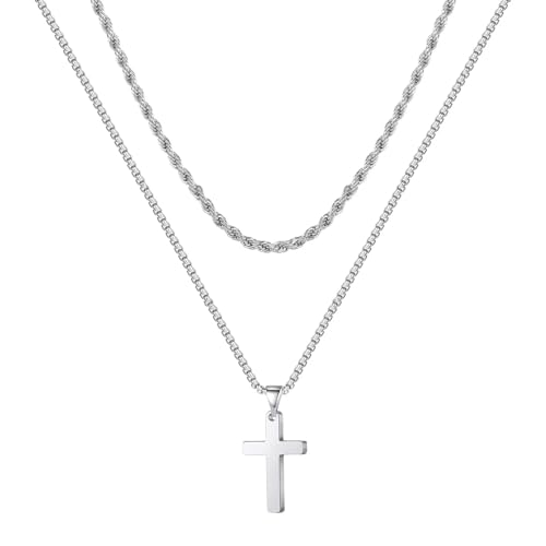 TINGN Kreuz Kette Herren, Halskette Herren Kette mit Kreuz Silberkette Herren Edelstahl Silber Seilkette Doppelkette mit Anhänger 51/56cm Kreuzkette für Männer Freund Jungen Schmuck Geschenk von TINGN