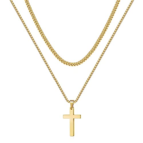 TINGN Kreuz Kette Herren, Halskette Herren Kette mit Kreuz Goldkette Herren Edelstahl Silber Seilkette Doppelkette mit Anhänger 40/45cm Kreuzkette für Männer Freund Jungen Schmuck Geschenk von TINGN