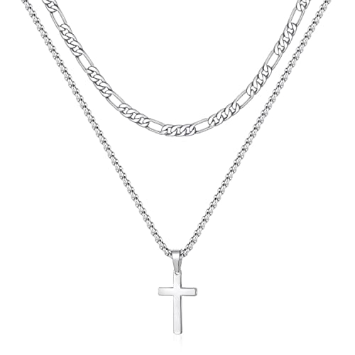 TINGN Kreuz Kette Herren, Halskette Herren Kette mit Kreuz Silberkette Herren Edelstahl Silber Seilkette Doppelkette mit Anhänger 41/46cm Kreuzkette für Männer Freund Jungen Schmuck Geschenk von TINGN