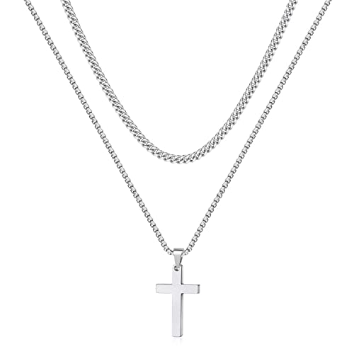 TINGN Kreuz Kette Herren, Halskette Herren Kette mit Kreuz Silberkette Herren Edelstahl Silber Seilkette Doppelkette mit Anhänger 40/45cm Kreuzkette für Männer Freund Jungen Schmuck Geschenk von TINGN