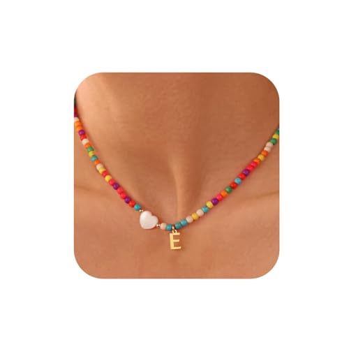 TINGN Bunte Perlenkette Damen Mädchen - Kette mit E Buchstaben, Geschenk für Frauen Geschenke Zum Geburtstag, Halskette Frauen, Personalisierte Kette Damen, Teenager Geschenke 6 7 8 12 Jahre von TINGN