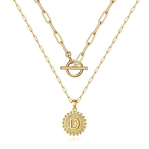 TINGN Layering Gold Halskette Damen Gold, 14K Gold Plattiert Büroklammer Kette Damen Halskette Zierliche Münzen Buchstaben Kette Layering Gold Choker Kette Damen Gold Buchstabe D Halskette von TINGN