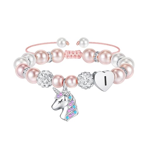 TINGN Mädchen Geschenke Einhorn Armbänder für Mädchen, Einhorn Geschenke für Mädchen Rosa Perlen Intiale Herz Armband mit Buchstaben Geschenke für Teenager Mädchen Schmuck Geschenke für Mädchen (I) von TINGN