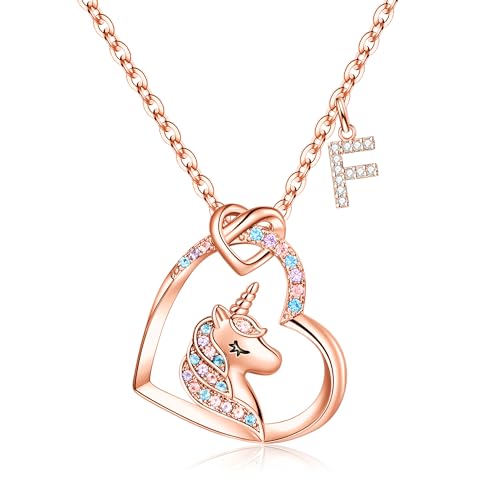 TINGN Mädchen Geschenke Einhorn Kette Mädchen - Einhorn Buchstabe F Halskette für Mädchen | 14K Rosegold Vergoldet Einhörner Kette Mädchen | Einhörner Schmuck | Geschenke für 5 6 7 8 Jahre Mädchen von TINGN