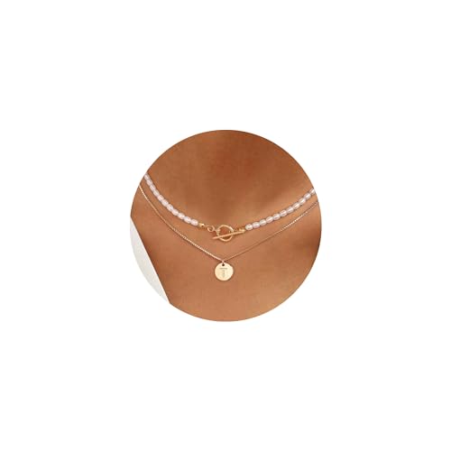 TINGN Mehrreihige Kette Gold Damen Kette, 16K Gold Vergoldet kette für Frauen Personalisierte Intiale Halskette mit T Kette Damen Layered Kette Gold Doppelkette für Frauen Multilayer Halskette von TINGN