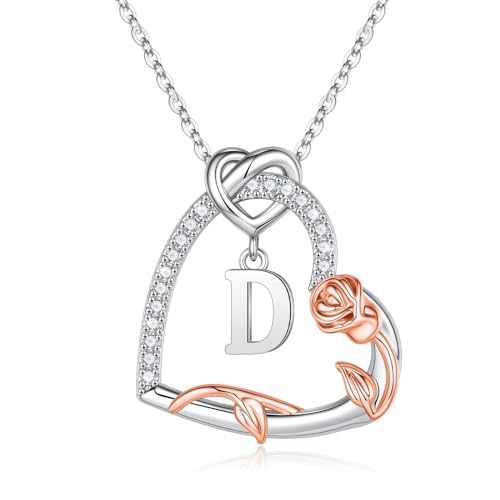 TINGN Muttertags Geschenke für Frauen Sie - Halskette Damen Silber 925 Rose Kette Herz Anhänger Kette mit Buchstaben D Schmuck Valentinstag Weihnachten Jahrestag Geschenke für Sie Mutter Oma Ehefrau von TINGN