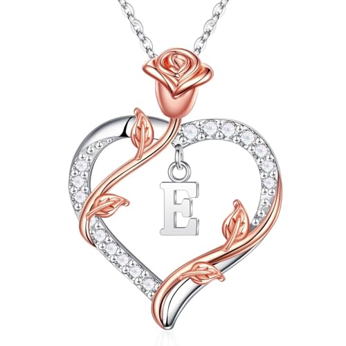 TINGN Muttertags Geschenke für Frauen Sie - Halskette Damen Silber 925 Rose Kette Herz Anhänger Kette mit Buchstaben E Schmuck Valentinstag Weihnachten Jahrestag Geschenke für Sie Mutter Oma Ehefrau von TINGN