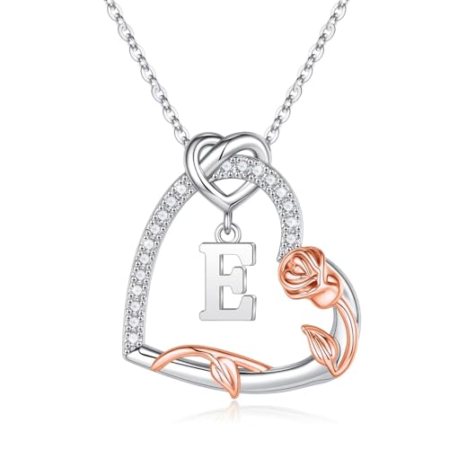 TINGN Muttertags Geschenke für Frauen Sie - Halskette Damen Silber 925 Rose Kette Herz Anhänger Kette mit Buchstaben E Schmuck Valentinstag Weihnachten Jahrestag Geschenke für Sie Mutter Oma Ehefrau von TINGN