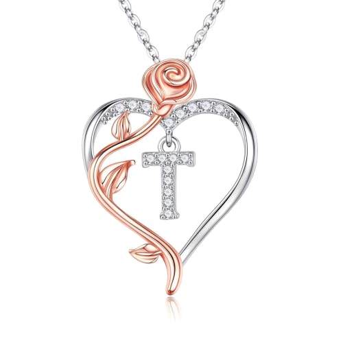 TINGN Muttertags Geschenke für Frauen Sie - Halskette Damen Silber 925 Rose Kette Herz Anhänger Kette mit Buchstaben T Schmuck Valentinstag Weihnachten Jahrestag Geschenke für Sie Mutter Oma Ehefrau von TINGN