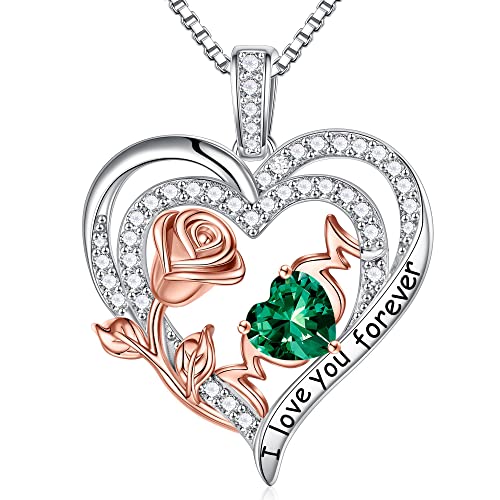 TINGN Muttertagsgeschenk für Mutter Sterlingsilber Schmuck, Mai Geburtsstein Halskette Grüne Smaragd Halskette Muttergeschenke Rose Liebesherz Jahrestag Geburtstagsgeschenk für Mutter von Tochter Sohn von TINGN