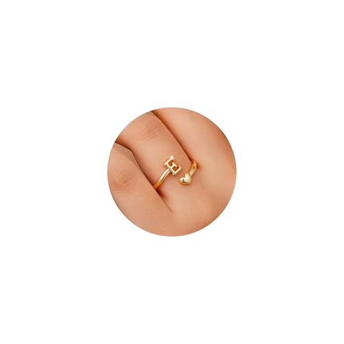 TINGN Ringe Gold Damen Mädchen Hypoallergene 14K Vergoldet Buchstaben E Ring mit Herz Verstellbar Ring Gold Wasserfest Goldene Ringe Kinder Damen Schmuck Geburtstagsgeschenk für Frauen Mädchen von TINGN