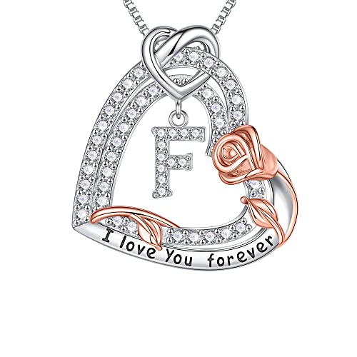 TINGN Rose Herz Halsketten Kette Geschenke für Frauen, S925 Sterling Silber Rose Liebe Herz Halskette F Buchstaben Kette Muttertag Valentinstag Geburtstag Geschenke für Frauen Mutter Mädchen Schmuck von TINGN