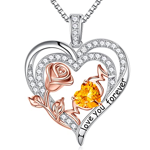 TINGN Rosen Geburtsstein Halskette für Muttergeschenke, Gelbe Citrin Halskette Rosenherz Halskette Schmuck Jubiläum Geburtstagsgeschenke Valentinstag Muttertag Weihnachtsgeschenke für Mutter Schmuck von TINGN