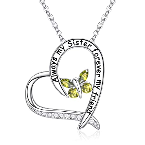 TINGN Schwester Geschenke Herz Geburtsstein Schmetterling Kette, 925 Sterling Silber August Geburtsstein Schmuck Peridot Schmuck Schwester Halskette Geburtstagsgeschenke für Schwester Schmuck von TINGN