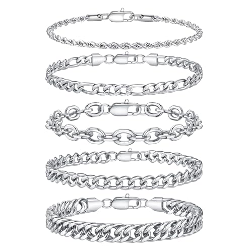 TINGN 5 Stück Edelstahl Armband Herren Silber Armbänder für Herren Kubanisches Gliederseil Figaro Kette Armband Set Schmuck Geschenk für Männer ihn Vater Freund Ehemann von TINGN