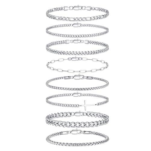 TINGN 8 Stück Edelstahl Armband Herren Silber Armbänder für Herren Kubanisches Gliederseil Figaro Kette Armband Set Schmuck Geschenk für Männer ihn Vater Freund Ehemann von TINGN