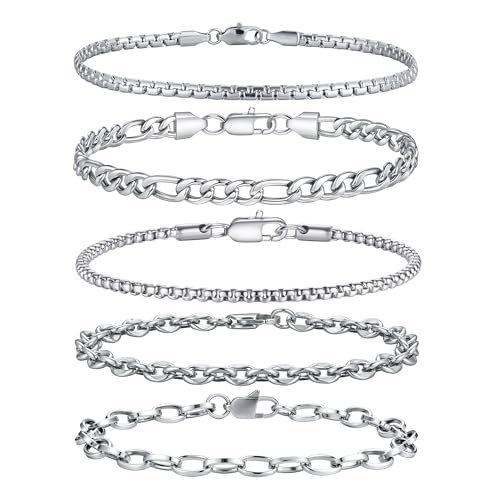 TINGN 5 Stück Edelstahl Armband Herren Silber Armbänder für Herren Kubanisches Gliederseil Figaro Kette Armband Set Schmuck Geschenk für Männer ihn Vater Freund Ehemann von TINGN