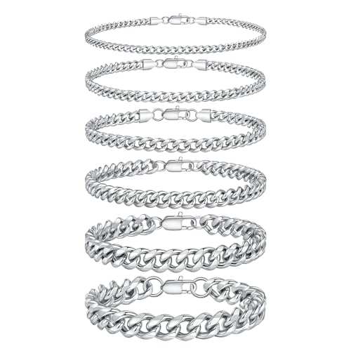 TINGN 6 Stück Edelstahl Armband Herren Silber Armbänder für Herren Kubanisches Gliederseil Figaro Kette Armband Set Schmuck Geschenk für Männer ihn Vater Freund Ehemann von TINGN