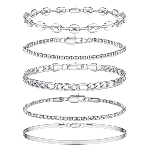 TINGN 5 Stück Edelstahl Armband Herren Silber Armbänder für Herren Kubanisches Gliederseil Figaro Kette Armband Set Schmuck Geschenk für Männer ihn Vater Freund Ehemann von TINGN