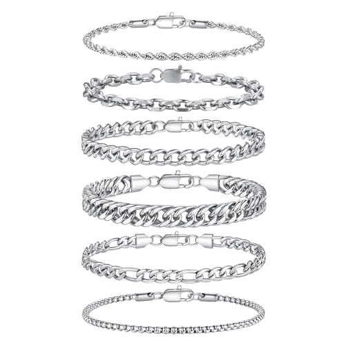 TINGN 6 Stück Edelstahl Armband Herren Silber Armbänder für Herren Kubanisches Gliederseil Figaro Kette Armband Set Schmuck Geschenk für Männer ihn Vater Freund Ehemann von TINGN
