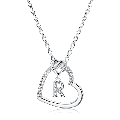 TINGN Silber Kette mit Buchstaben Kette Damen Mädchen, Buchstaben R Halskette Damen Silber Kette Herz Kette mit Buchstaben Kette Silber Damen Mädchen Schmuck Geschenke für Frauen Mädchen Geschenke von TINGN