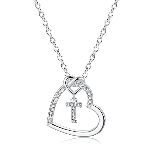 TINGN Silber Kette mit Buchstaben Kette Damen Mädchen, Buchstaben T Halskette Damen Silber Kette Herz Kette mit Buchstaben Kette Silber Damen Mädchen Schmuck Geschenke für Frauen Mädchen Geschenke von TINGN