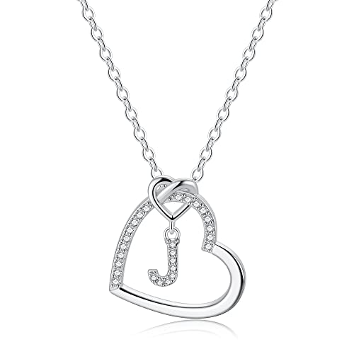 TINGN Kette mit Buchstaben für Damen - Silber Kette Herz Halskette Buchstaben J Halskette Damen Personalisiere Geschenk für Frauen Geburtstagsgeschenk für Frauen Mädchen Mama Freundin von TINGN
