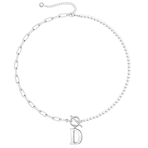 TINGN Silber Perlen Kette mit Buchstaben, 14K Vergoldet Büroklammer Kette Gliederkette Halskette Choker Kette Perle Halskette Damen Silber Initiale Halskette Geschenke für Frauen Damen Schmuck (D) von TINGN