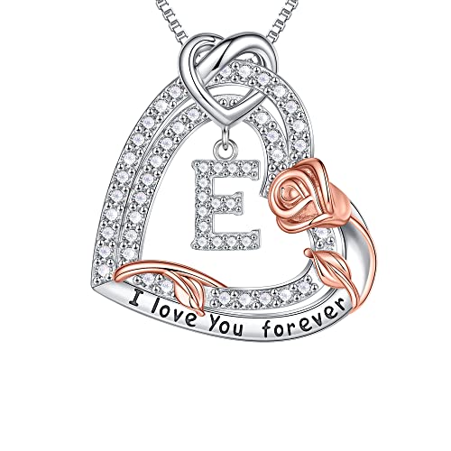 TINGN Geschenk zum Muttertag für Sie, Halskette Damen Silber 925 Rose Liebesherz Buchstabe E Anhänger Kette Schmuck Muttertag Valentinstag Geschenke für Frauen Muttertagsgeschenke für Mama Geschenk von TINGN