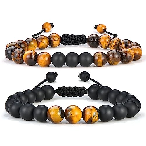 TINGN Tigerauge Herren Armband, 8mm Tigerauge Armband Herren Angst Armband Stressabbau Verstellbares Tigerauge Armband Mattes Achat Armband Vater Geschenke Vater Geschenke Freund Geschenke von TINGN