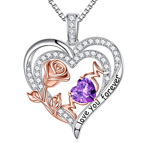 TINGN Valentinstags Geschenke für Mama, Sterlingsilber Februar Geburtsstein Lila Amethyst Rose Herz Halskette Jubiläum Geburtstag Valentinstag Geschenke für Mama Neue Mutter Stiefmutter von Tochter von TINGN