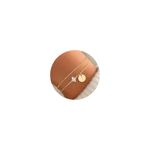 TINGN Vierblättriges Kleeblatt Armband - Armband Mädchen 14K Gold Vergoldet Buchstaben I Armbänder Scheiben Monogramm Armbänder Personalisierte Geschenke für Mädchen Frauen Frau Mama Schmuck Damen von TINGN