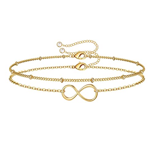 TINGN Zierliche Gold Infinity Armband für Damen, 14 Karat Gold Gefüllt Süßes Infinity Armband Verstellbar Vergoldetes Infinity Armband für Mädchen Frauen Schmuck Geschenke (Infinity & Perlenkette) von TINGN