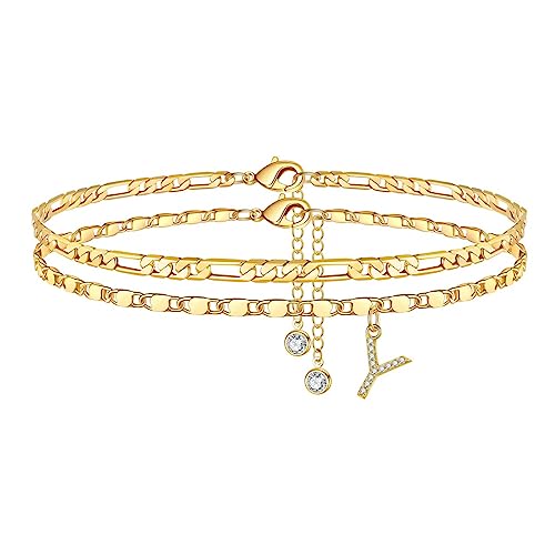 TINGN Fußkettchen für Damen, Gold Fussketten für Frauen Fußkettchen mit CZ Buchstaben Y Figarokette Doppelte Fußketten Verstellbar 21+5 Cm Frau Mädchen Tochter Freundin Sommer Geschenk von TINGN