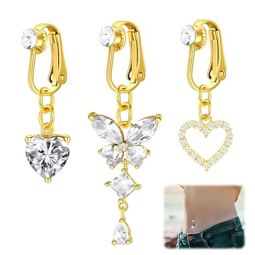 TINGTING 3 Stück Fake Bauchnabelpiercing Gold – Clip On Bauchnabelpiercing Ohne Loch, Schmetterling Herz Mond Design, Fake Piercing Für Damen Frauen von TINGTING